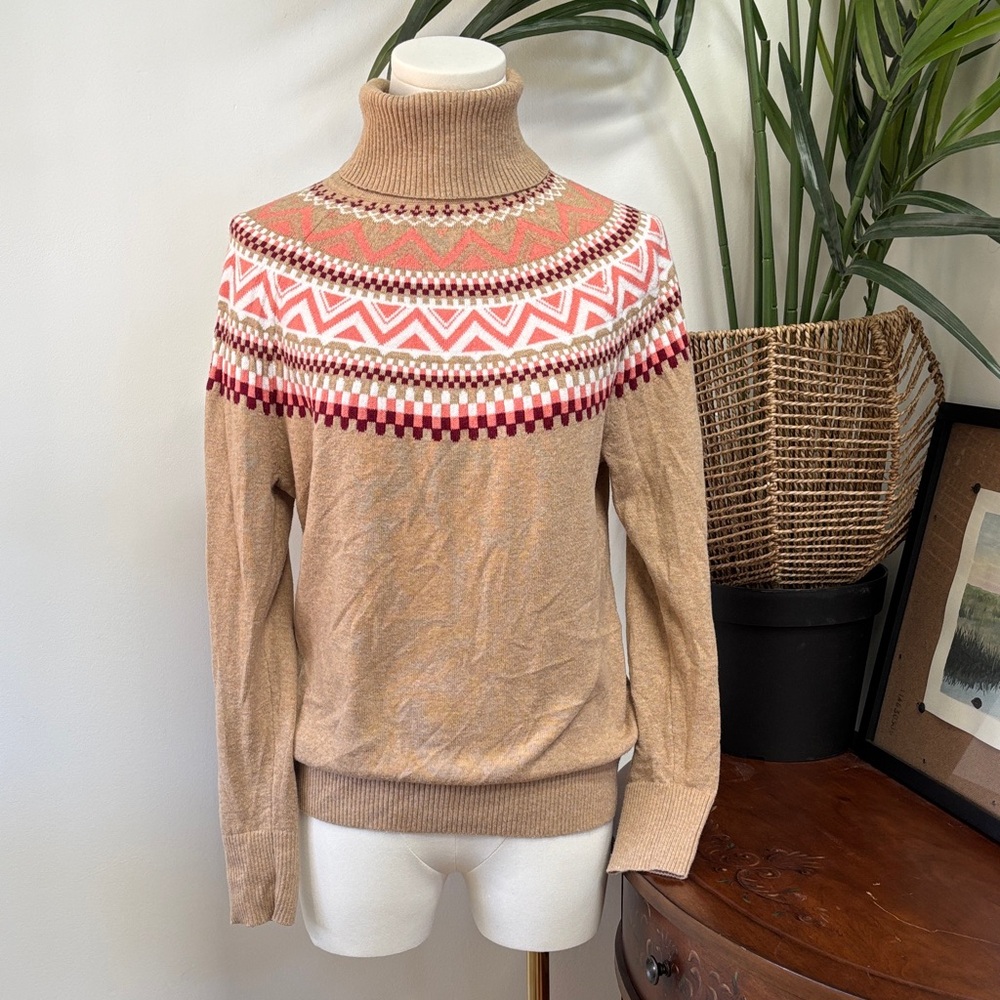 L.L. Bean Tan Turtleneck Sweater with Pink & Red Fair Isle Yoke